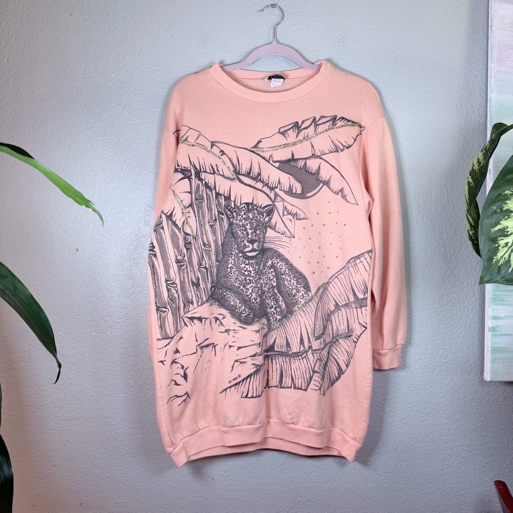 All Ways Sportswear Vintage 80s Peach Retro Leopard Green Glitter Sweatshirt L